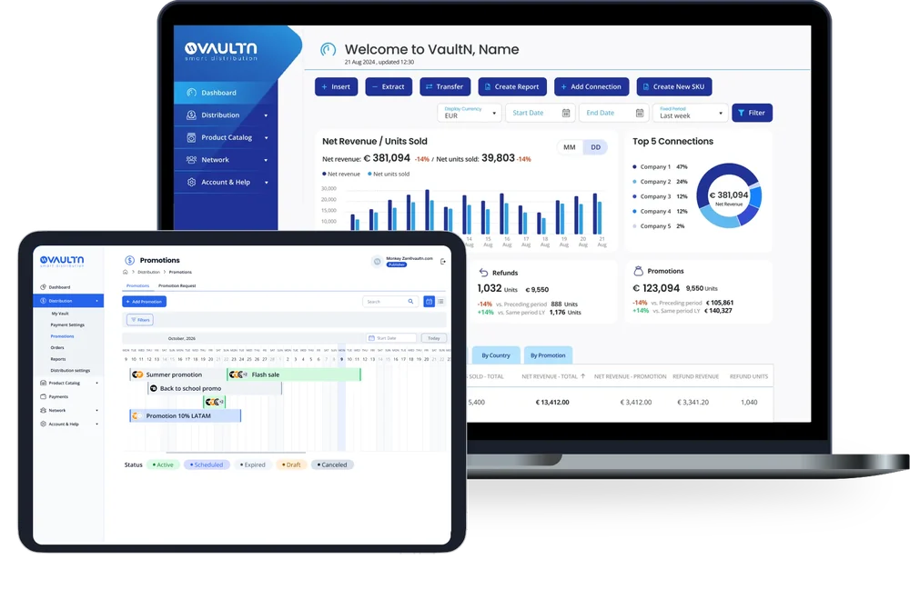 Preview of the VaultN platform interface showing distribution features.
